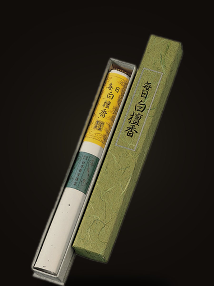 Mainichi Byakudan sandalwood incense, long sticks in a green paper box